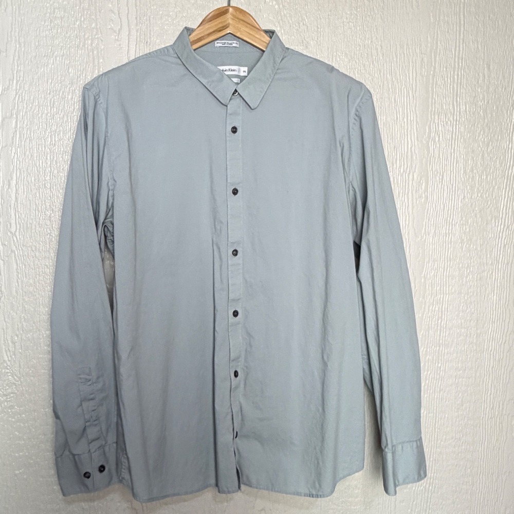 Calvin Klein Mens XXL Slim Fit Button Down Shirt Blue Gray Long Sleeve Cotton